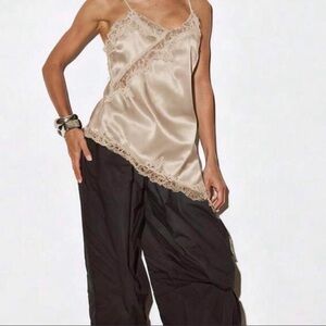 Asymmetric Cream Satin Camisole with Lace Trim